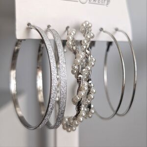 Pearl and Silver Hoop Earrings Multipack - 3 pairs